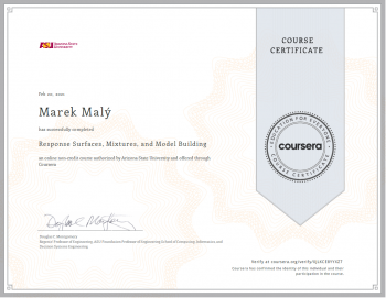 Certifikát z kurzu plánování experimentů pro nalezení optimálního složení směsí