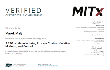 Certifikát z prestižní MIT o absolvování kurzu o statistické kontrole procesu SPC